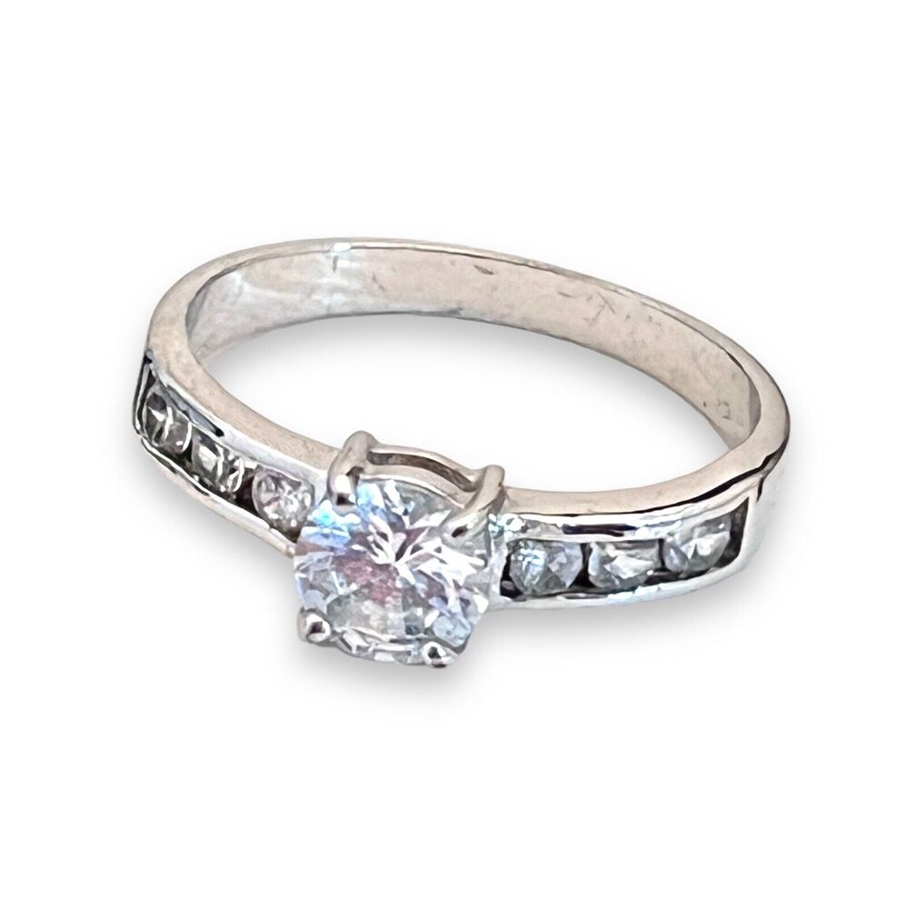 New Silver Tone Round CZ Ring Size 10 Engagement Style Crystal Accents - 2T